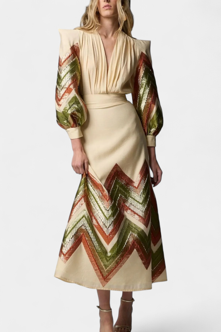 Avenza Puff Sleeve Bodysuit with Chevron Print Midi Skirt