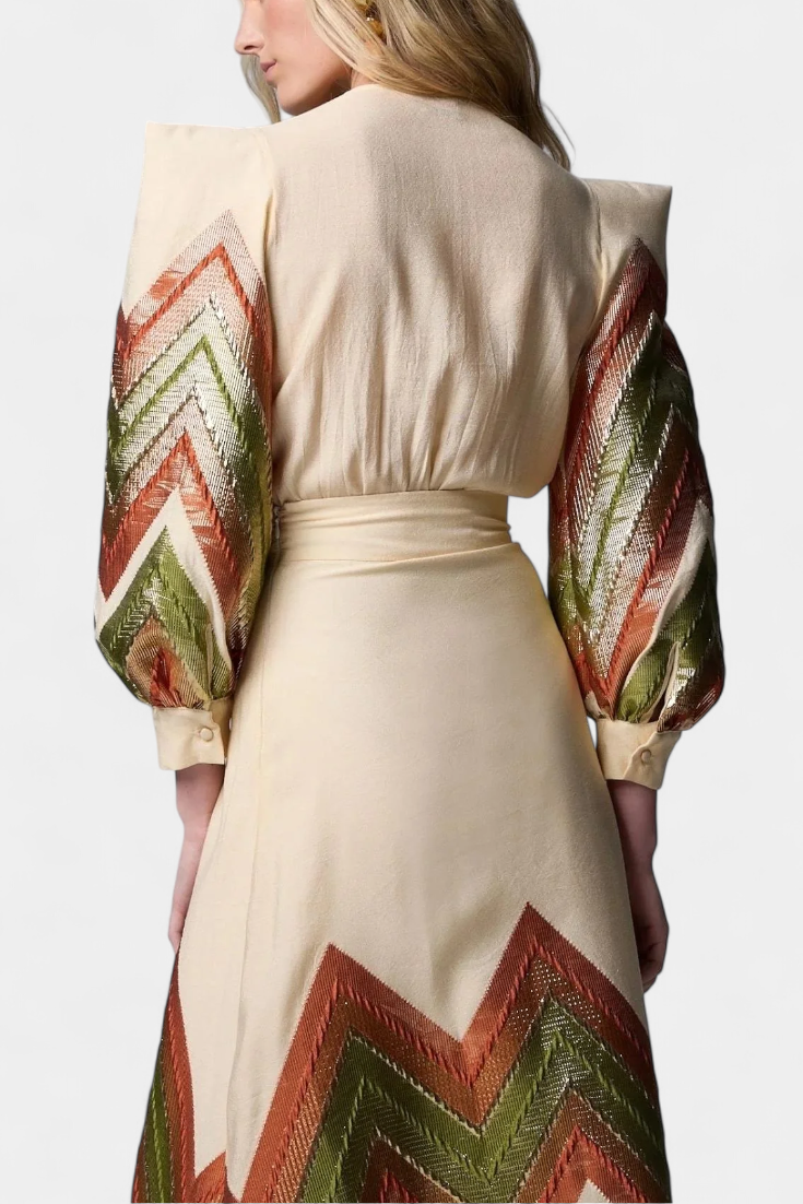 Avenza Puff Sleeve Bodysuit with Chevron Print Midi Skirt