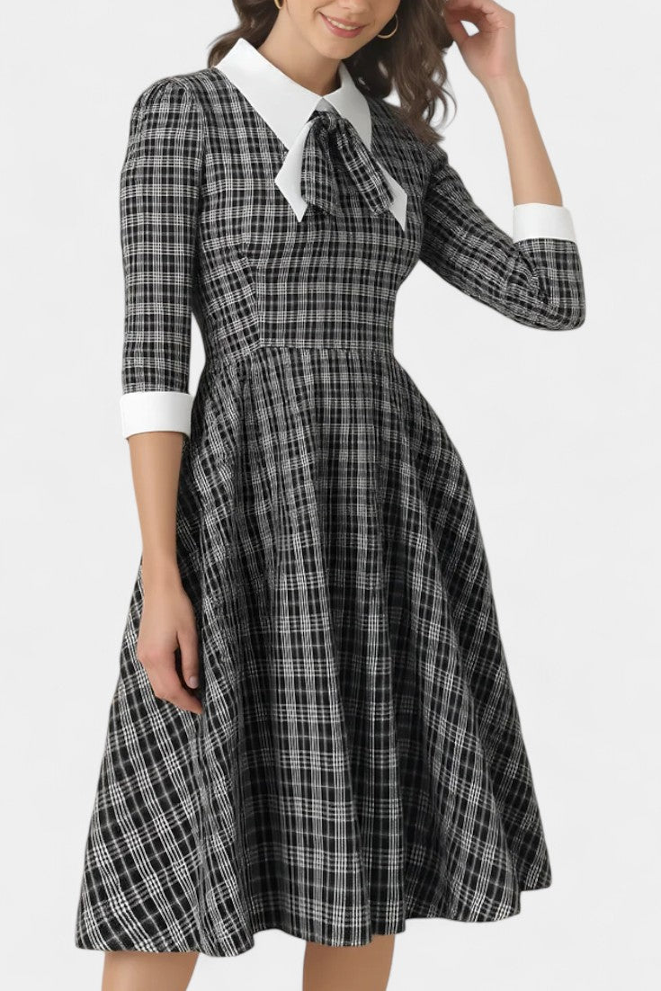 Natacha Checkered Midi A-Line Dress with Collar and Bow Detail