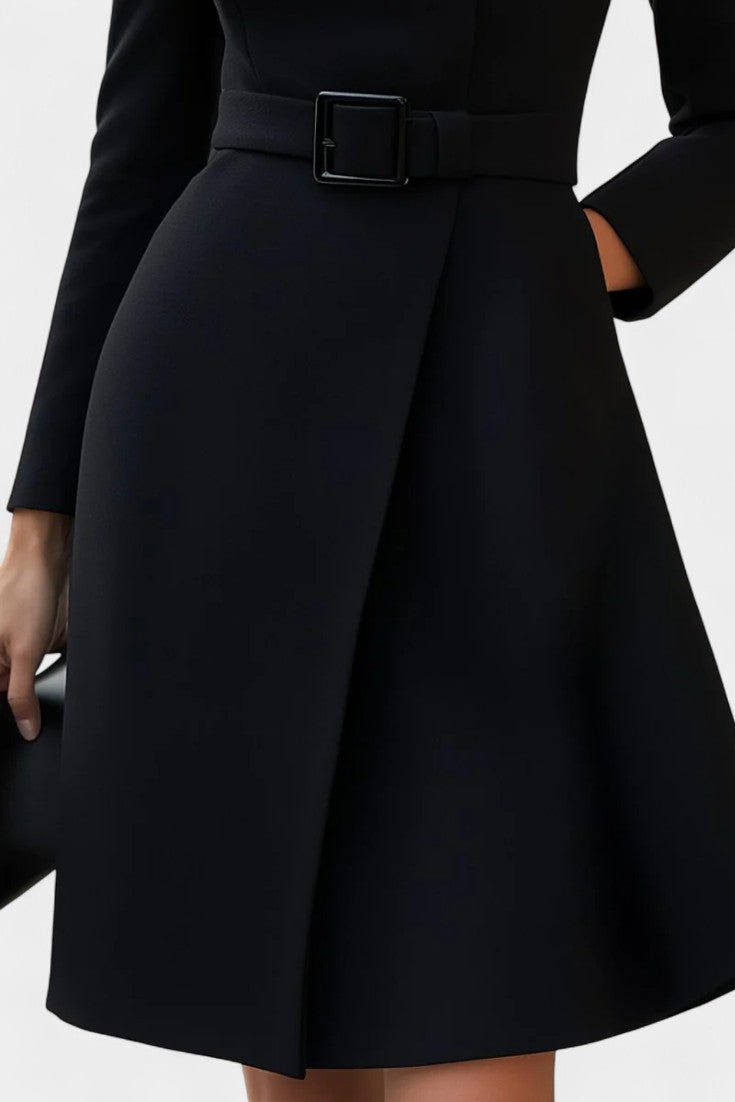 Estée Asymmetrical Black Dress Featuring a High Collar and Chic Belt