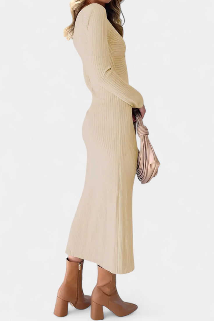 Mélusine Ruched V-Neck Long Sleeve Fitted Knit Dress