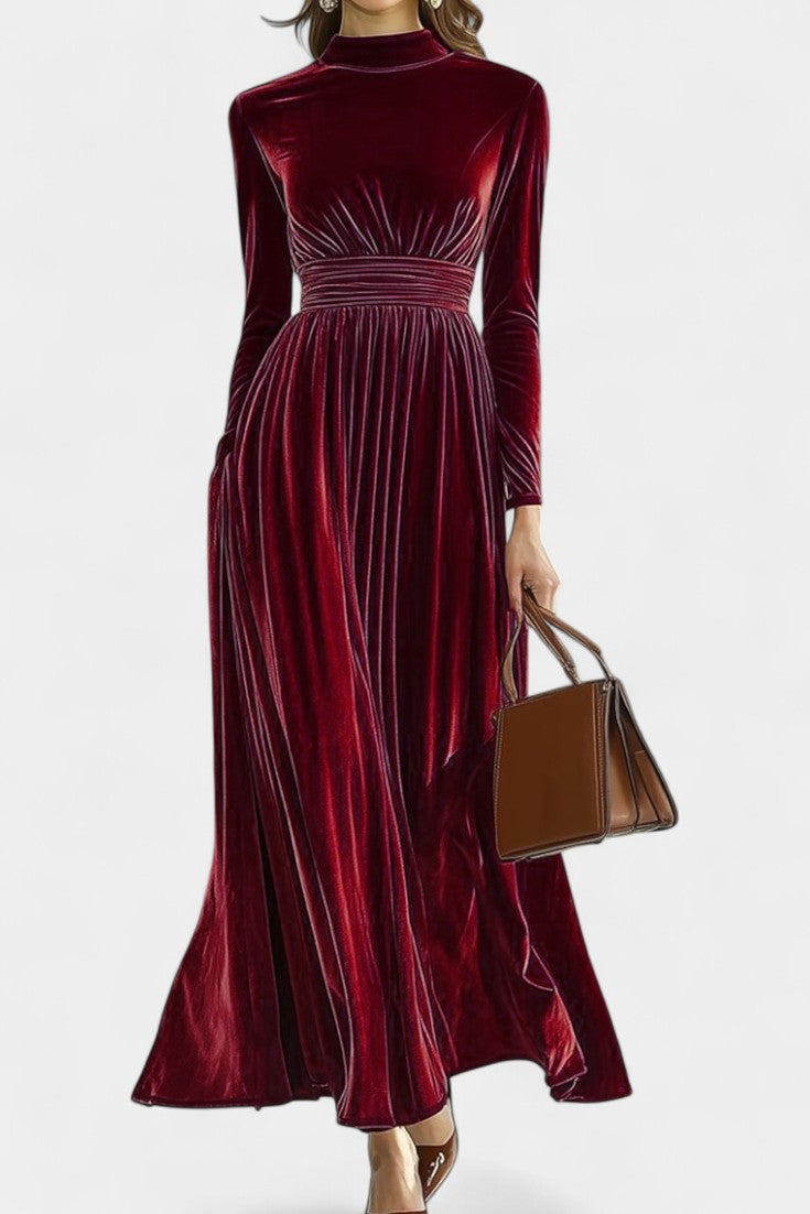 Doryane High-Collar Velvet Maxi Dress with Long Sleeves