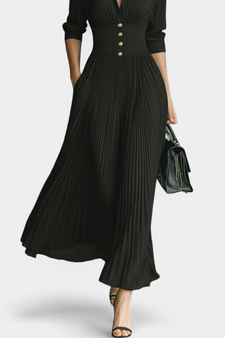 Fébronie Long Pleated Dress featuring Notched Collar and Long Sleeves