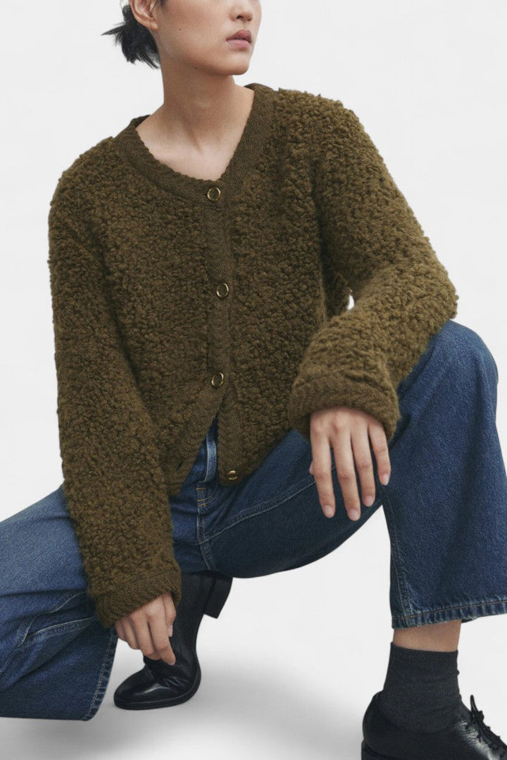 Chenda Button-Up Plush Cardigan with Ribbed Accents