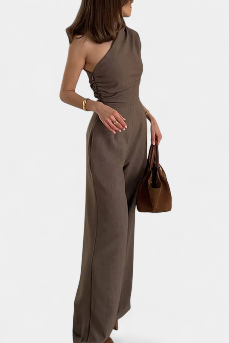Asymmetrical One-Shoulder Jumpsuit with Ruched Accents in Magnolia