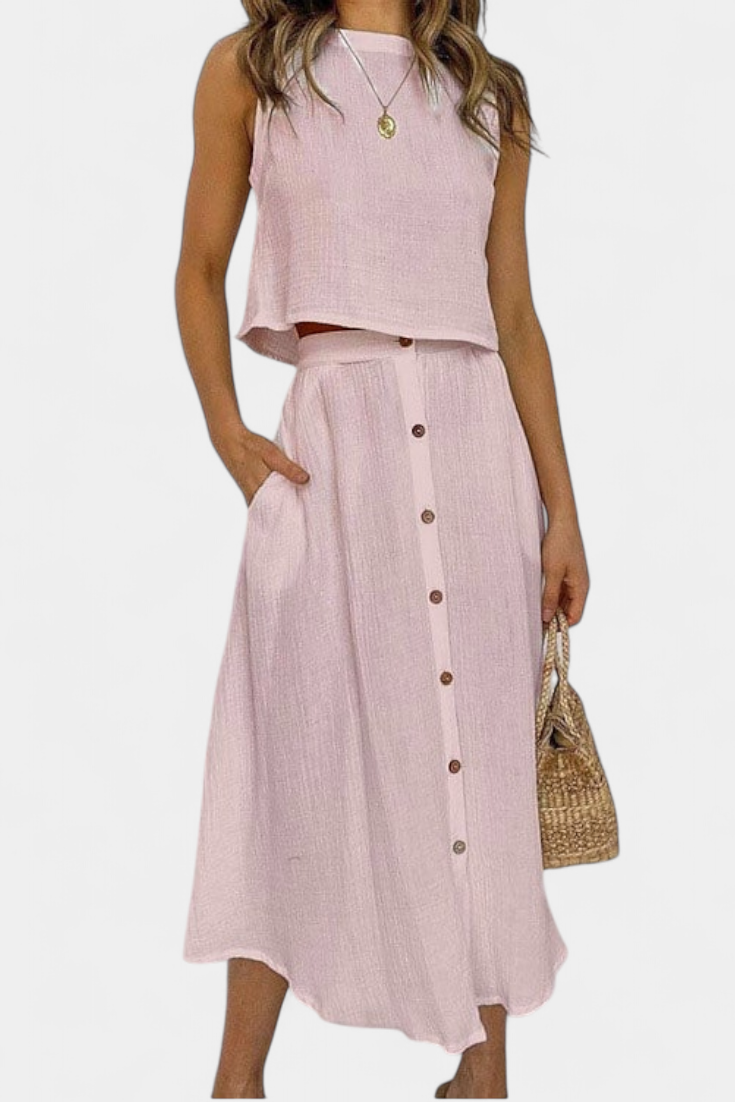 Naha Casual Cotton Ensemble with Center Button Detail and Midi Skirt