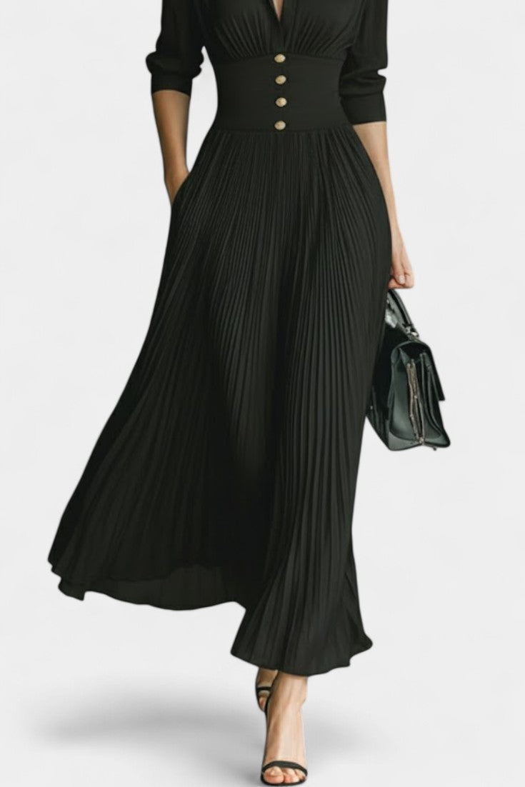 Fébronie Long Pleated Dress featuring Notched Collar and Long Sleeves