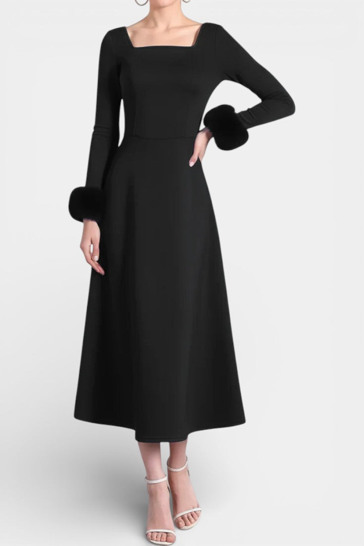 Alicia Flared Dress featuring Square Neckline and Faux Fur Patchwork Sleeves