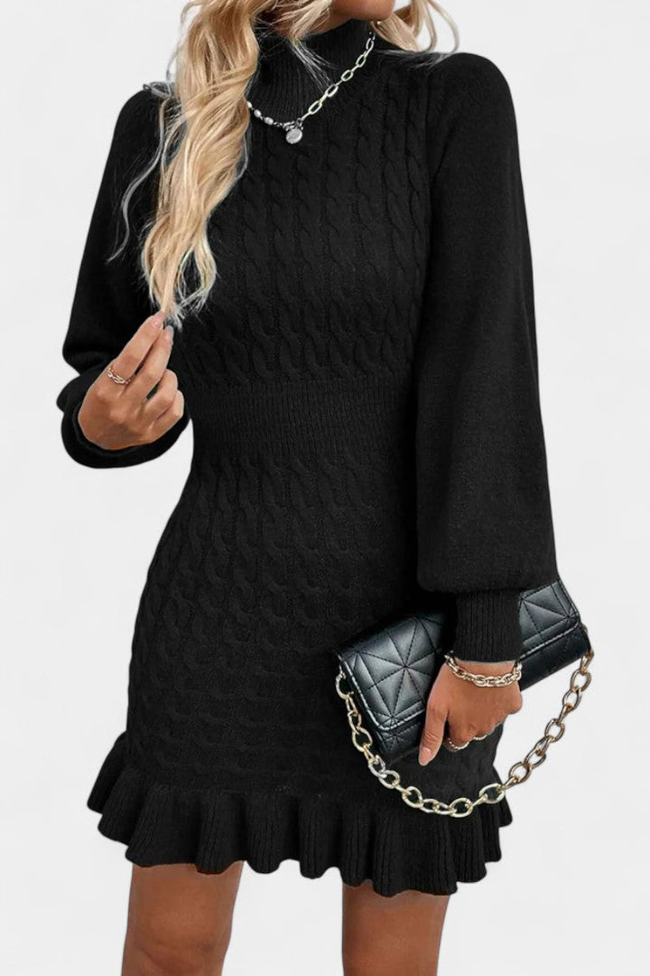 Eglantina High Neck Mini Bodycon Knit Dress with Ruffle Details