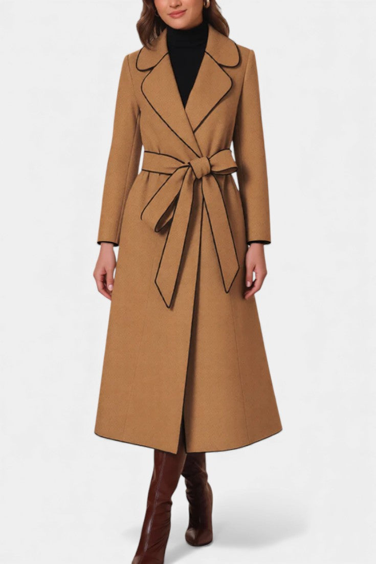 Floral Long Coat with Lapels and Vibrant Belt