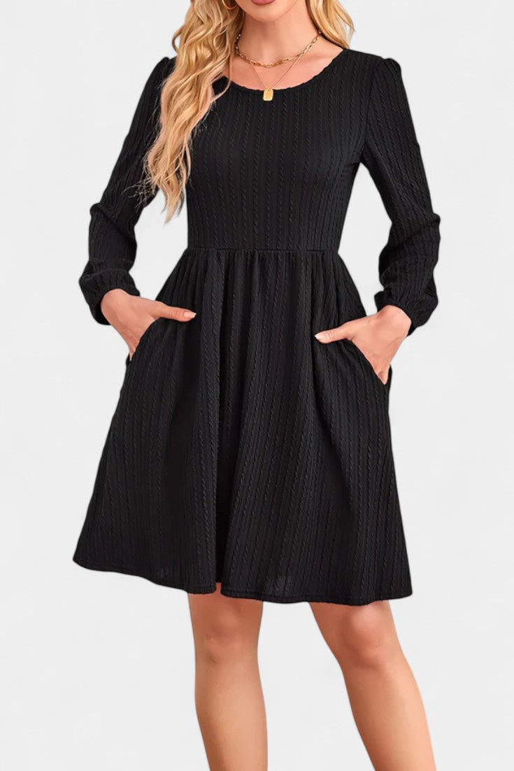 Dorothée Textured Flared Dress featuring Round Neck and Long Sleeves