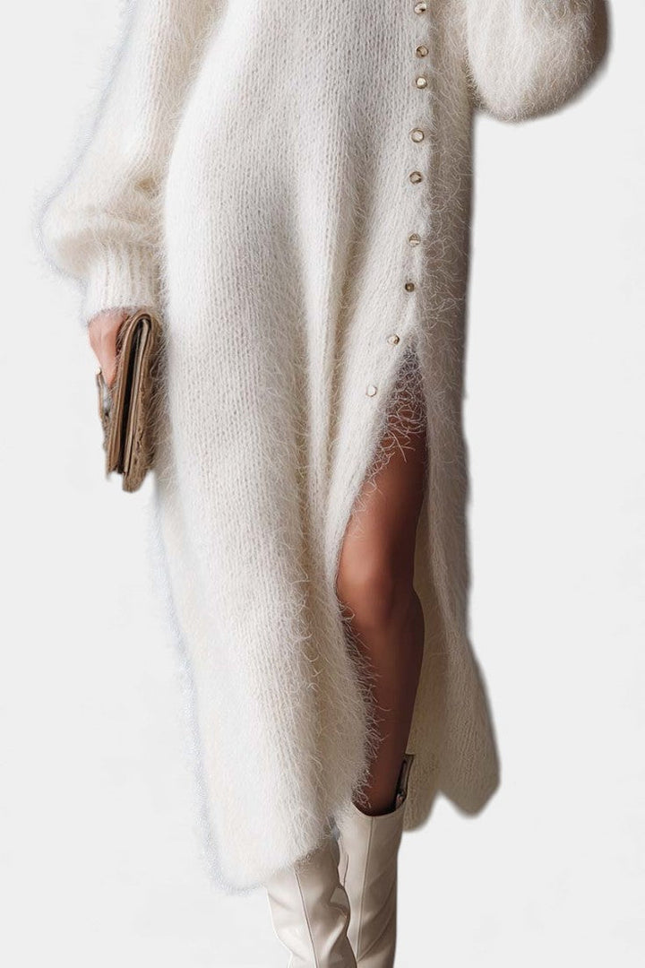 Méthilde Faux Fur Midi Dress with Knitted Design and Metal Buttons