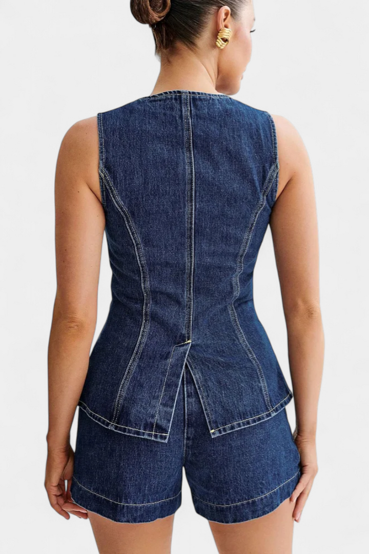 Raya Denim Ensemble: Sleeveless Jacket & High-Waisted Shorts