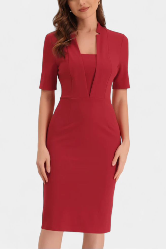 Raphaëlle Elegant V-Neck Pencil Dress with Short Sleeves