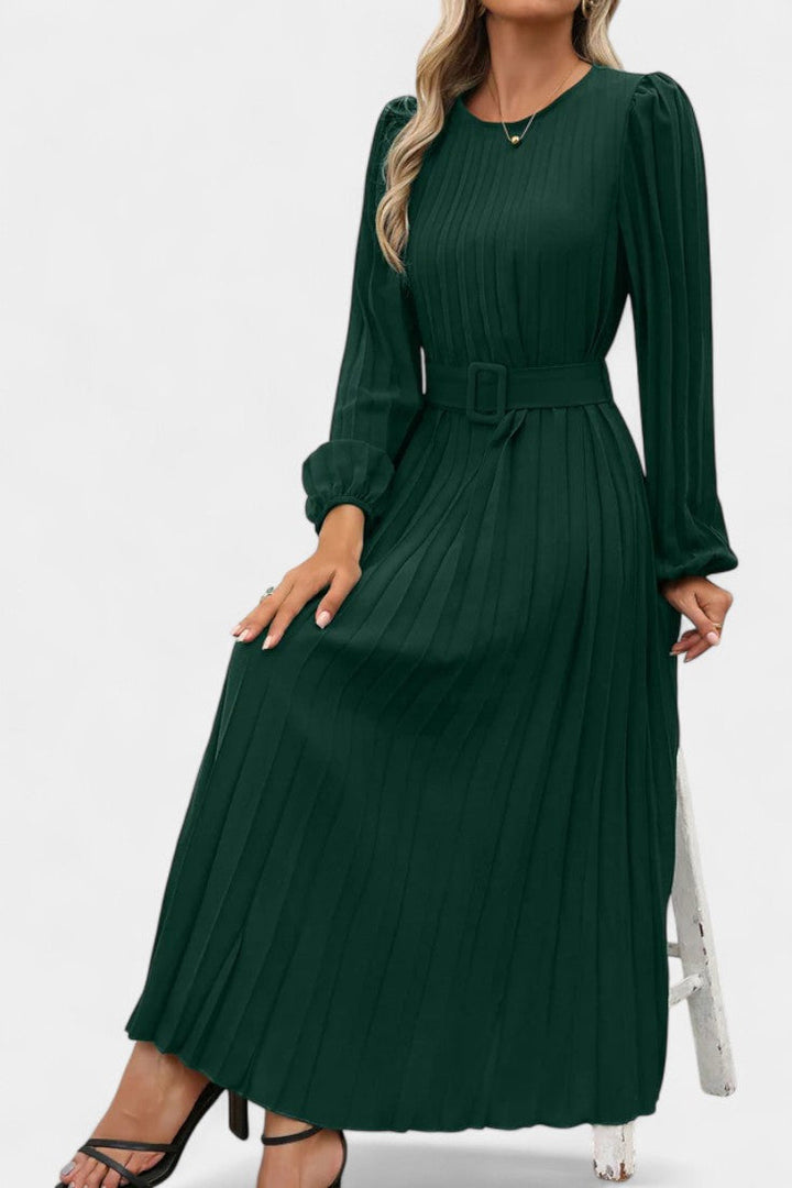 Christelle Puff Sleeve Long Pleated Dress with Belt