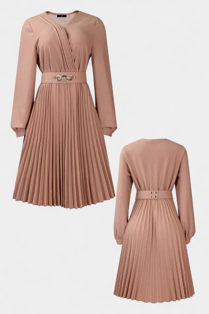 Lucie Long Sleeve Midi Dress with Pleats and Belt