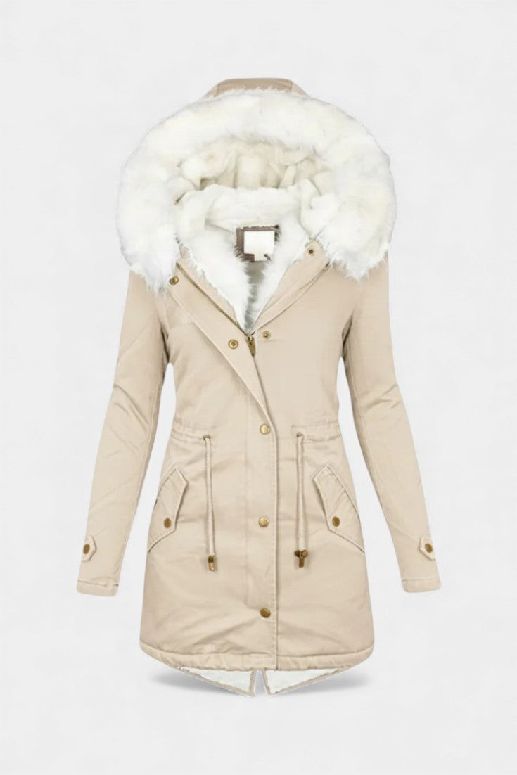 Lanra Faux Fur Trim Hooded Winter Parka with Belt