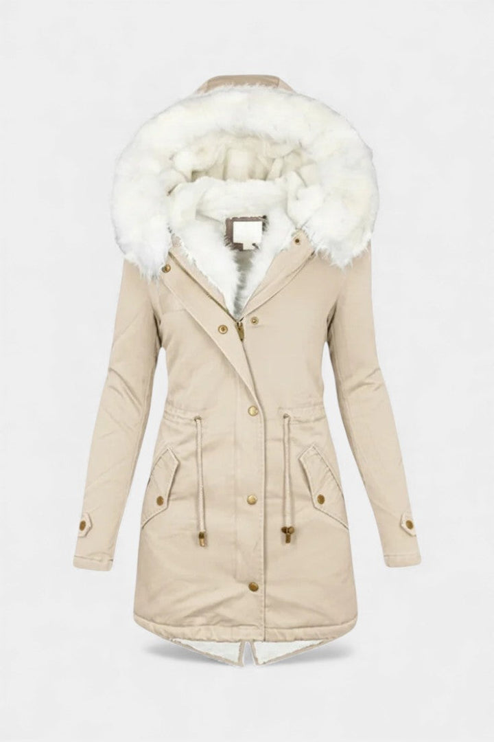 Lanra Faux Fur Trim Hooded Winter Parka with Belt
