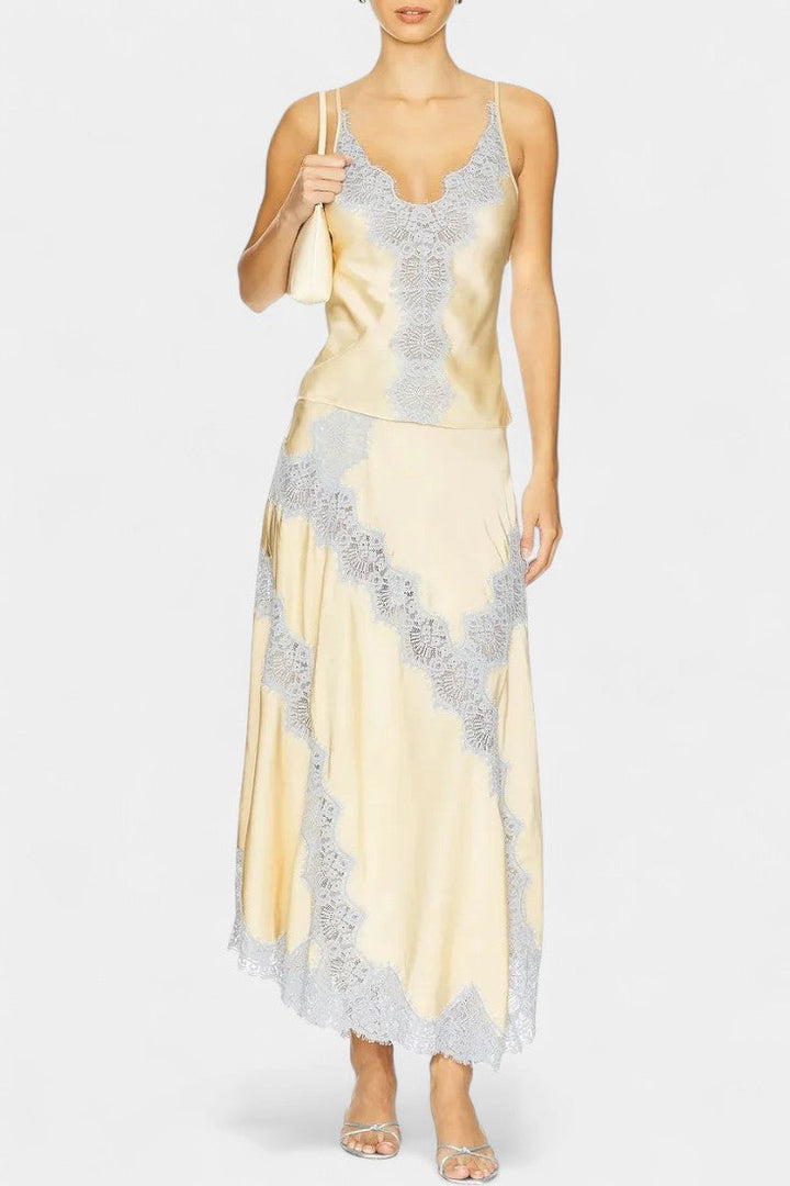 Mirren Satin and Lace Contrast Set with Flowing Midi Skirt