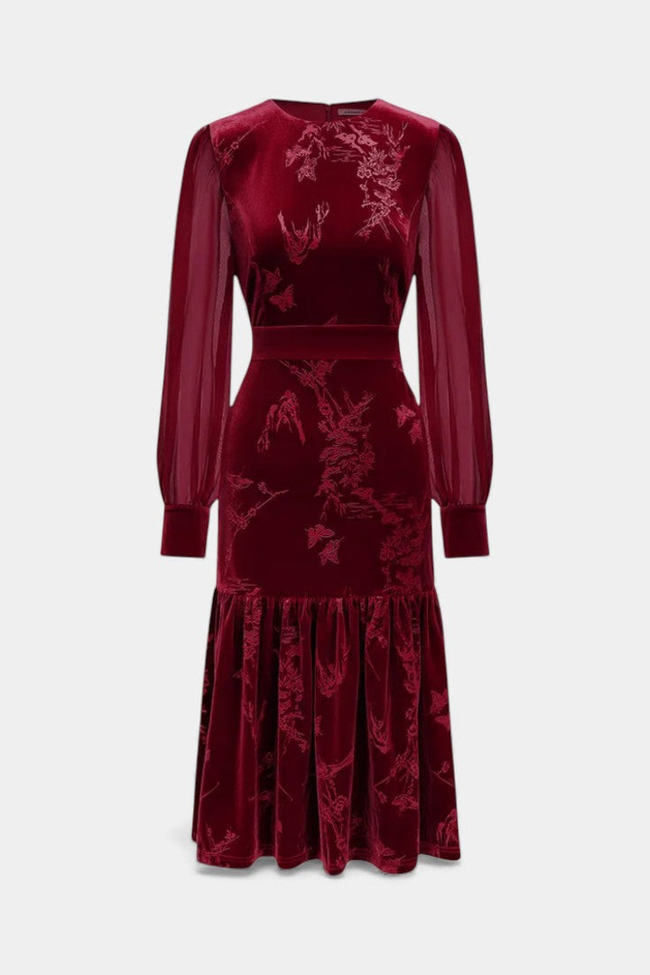 Mavluda Puff Sleeve Midi Mermaid Dress with Round Neck