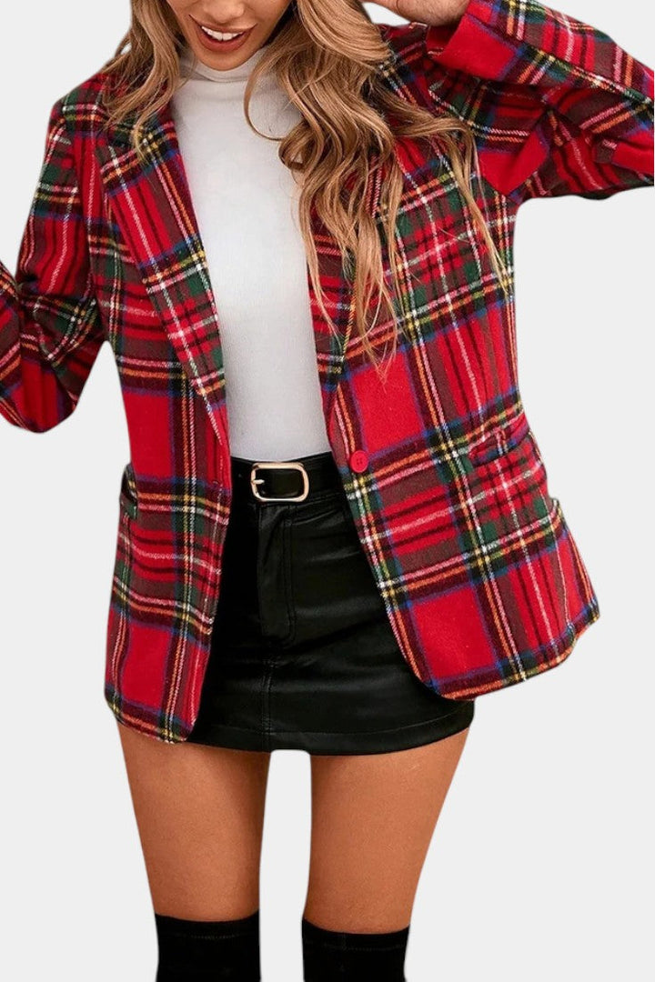 Alvine Long Plaid Blazer featuring Notched Collar and Single Button Fastening