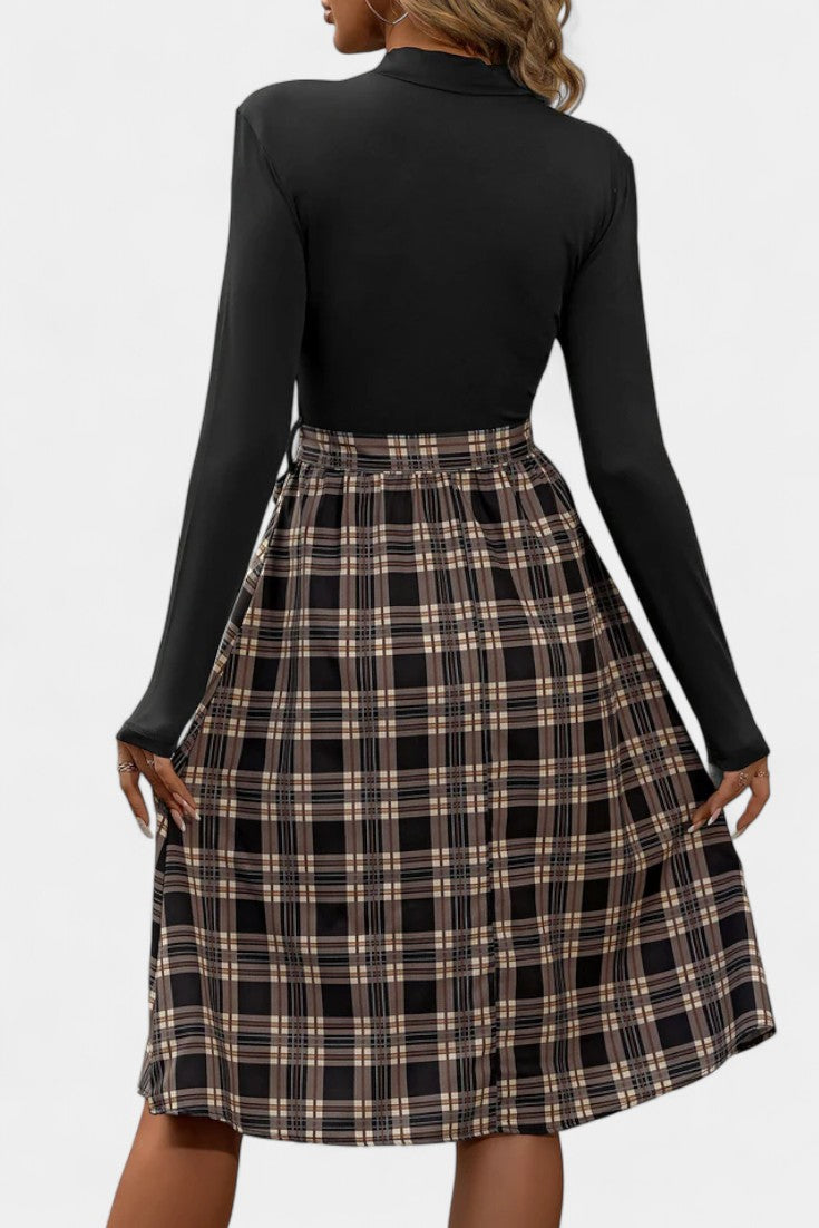 Orlane High-Collar A-Line Dress with Long Sleeves and Patchwork Checkered Design