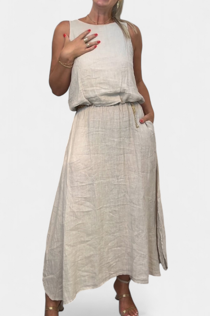 Meliora Linen-Cotton Set with Sleeveless Vest and Maxi Skirt