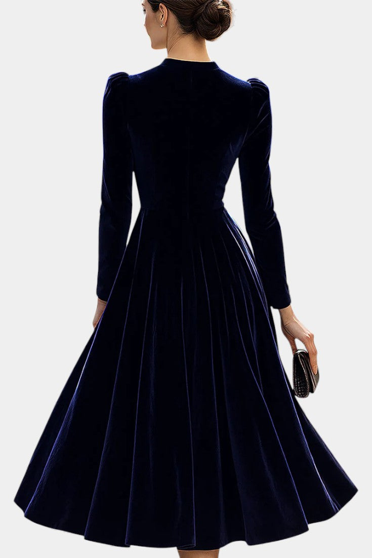 Zéliane Elegant Navy Blue Velvet Midi Dress