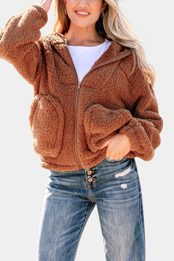 Loose Fit Roza Teddy Hooded Zip Jacket
