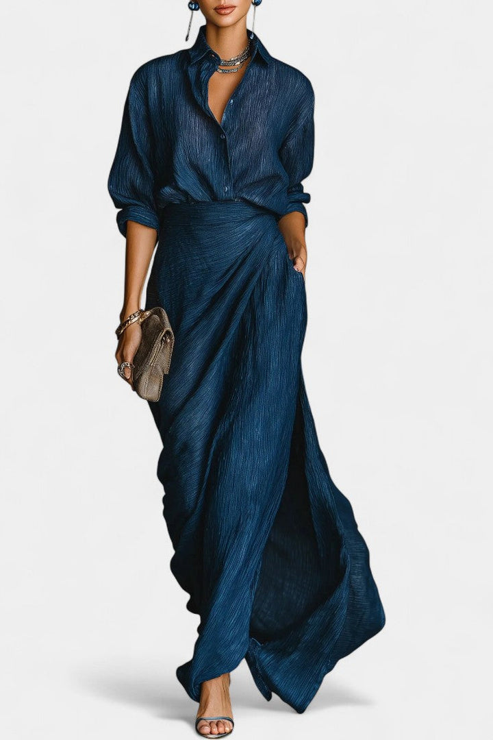 Ziya Dark Blue Outfit Featuring a Light Shirt and Elegant Flowing Maxi Skirt