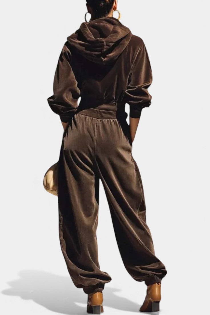 Riana Vintage Brown Velvet Hooded Ensemble with Relaxed Pants