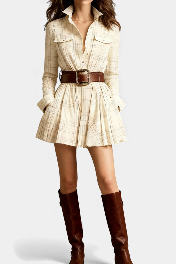 Bogdana Vintage-Inspired Mini Checkered Dress with Belt