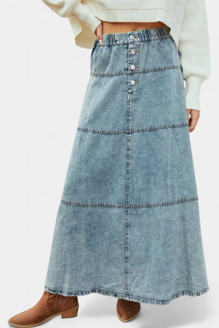 Lorraine Long Denim Skirt Featuring Feather Accents