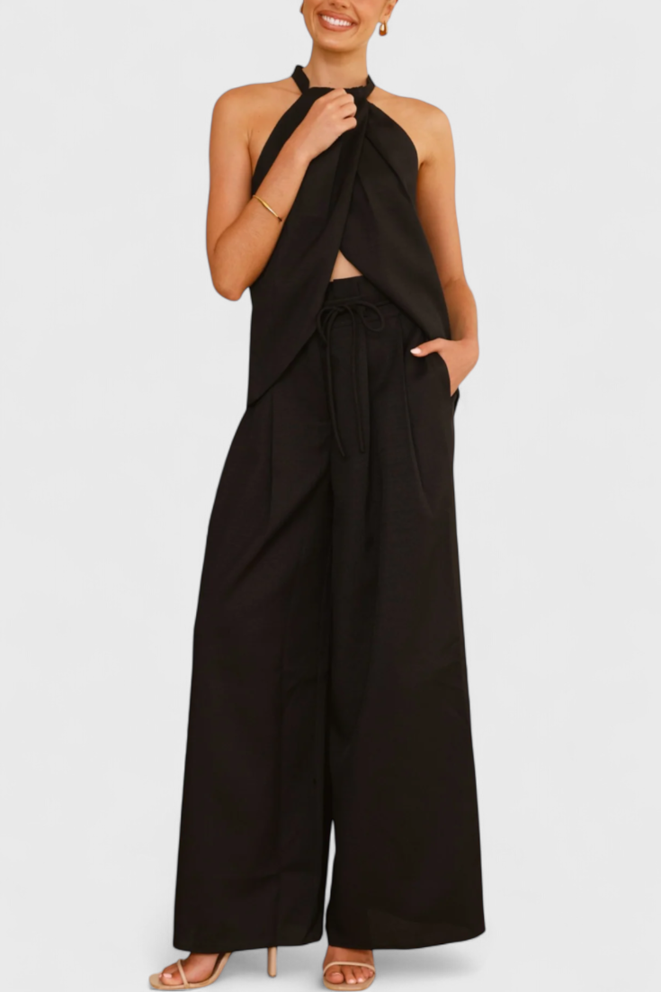 Bernadina Linen Ensemble: Front Neckline Top with Wide Leg Pants