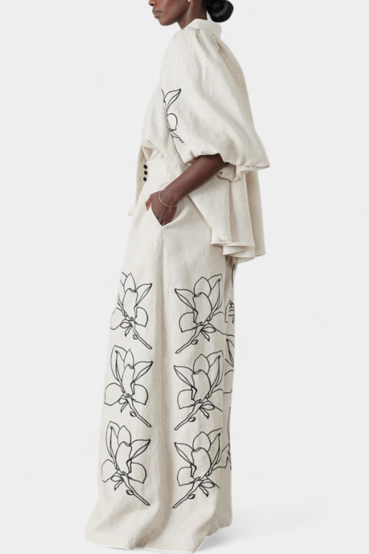 Helen Puff Sleeve Blouse & Wide-Leg Floral Linen Pants Set