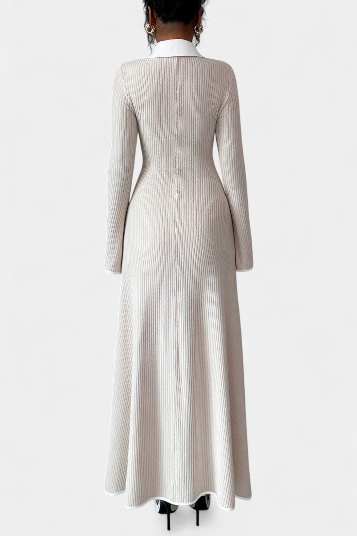 Élodiane Two-Tone Maxi Knit Dress with Collared Neckline