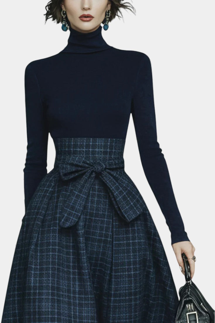 Angelika Night Blue High Neck Set with Checkered Skirt