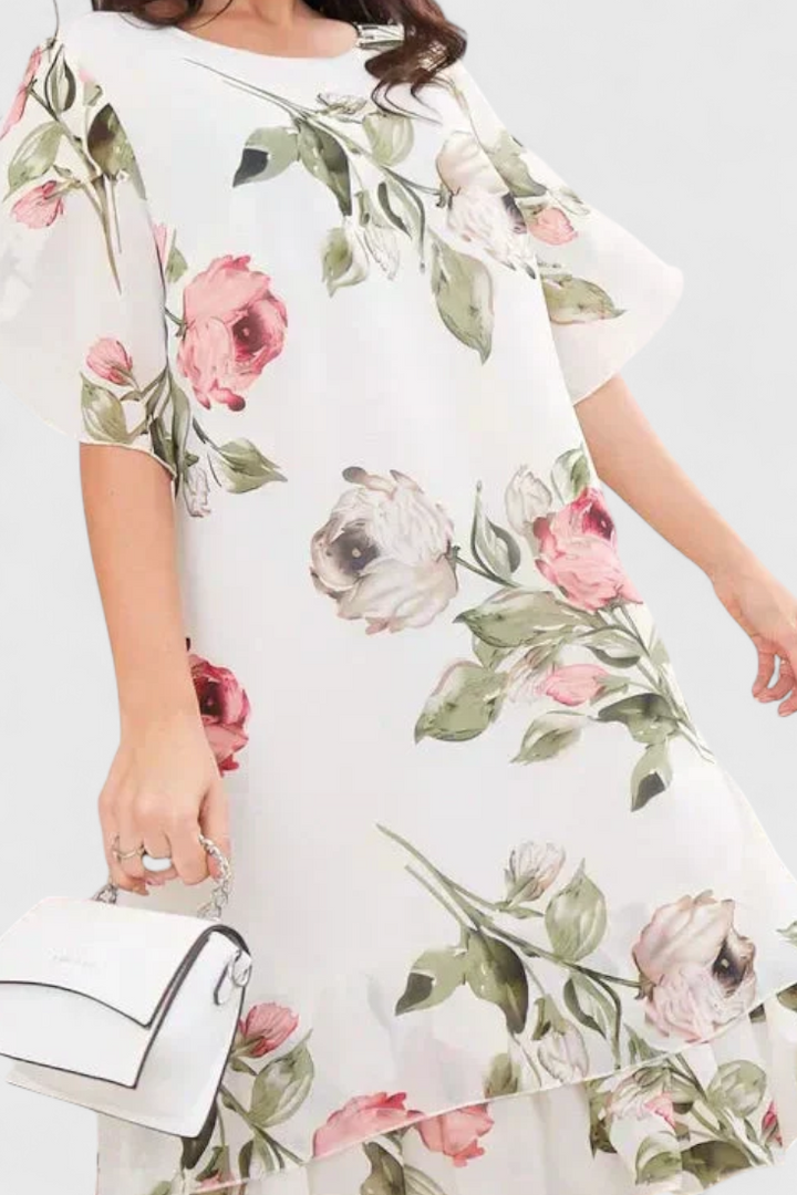 Tameka Floral Chiffon Dress with Crisscross Neckline