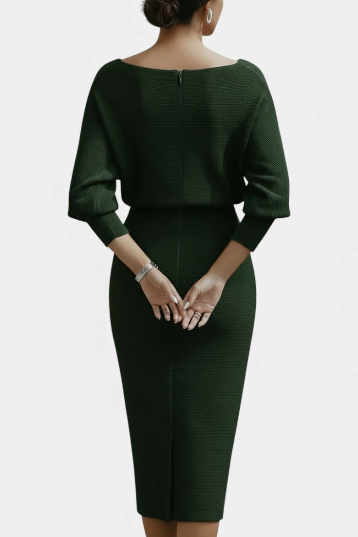 Marjolaine Midi Dress with Batwing Sleeves and Draped Design