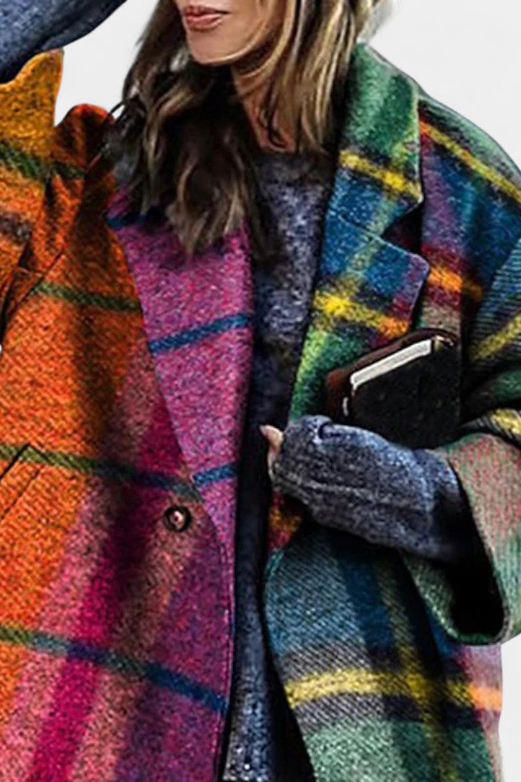 Suhana Elegant Notched Collar Checkered Coat in Contrasting Colors