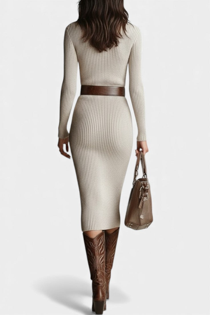 Susana Fitted Midi Knit Dress with Half-Roll Collar and V-Neck - Beltless Design