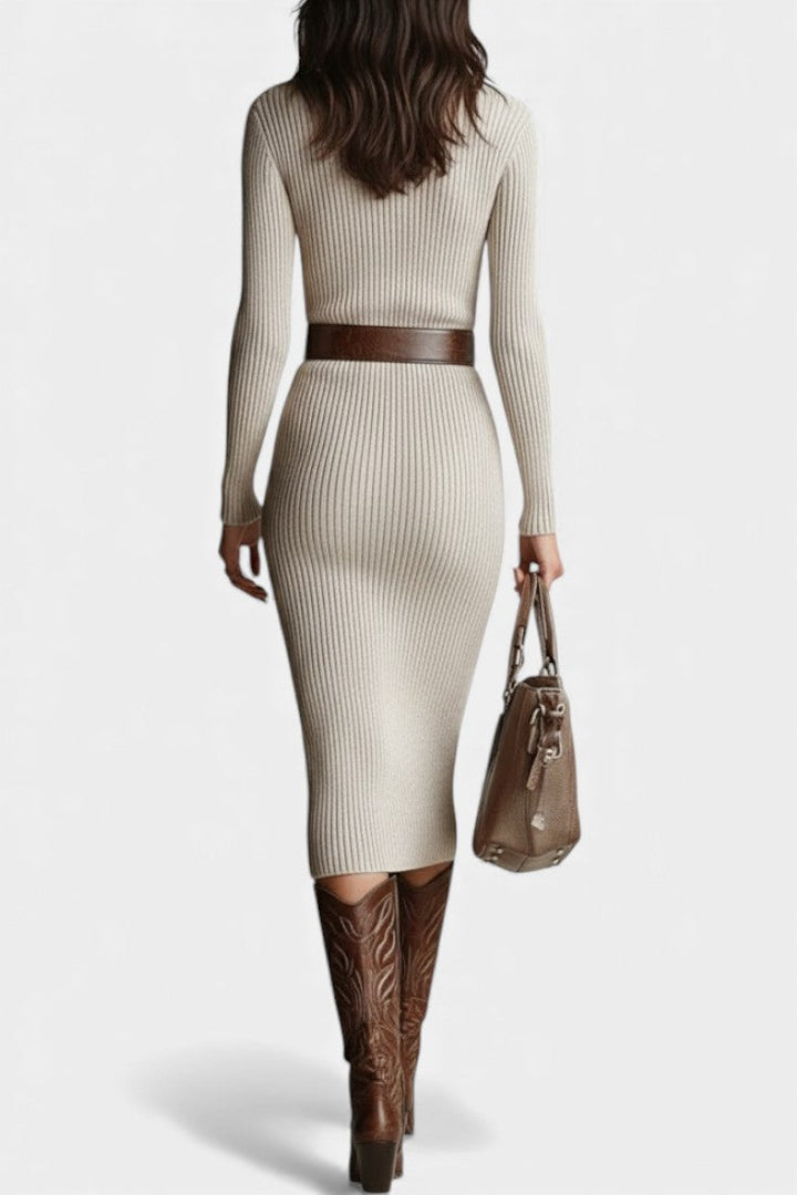 Susana Fitted Midi Knit Dress with Half-Roll Collar and V-Neck - Beltless Design