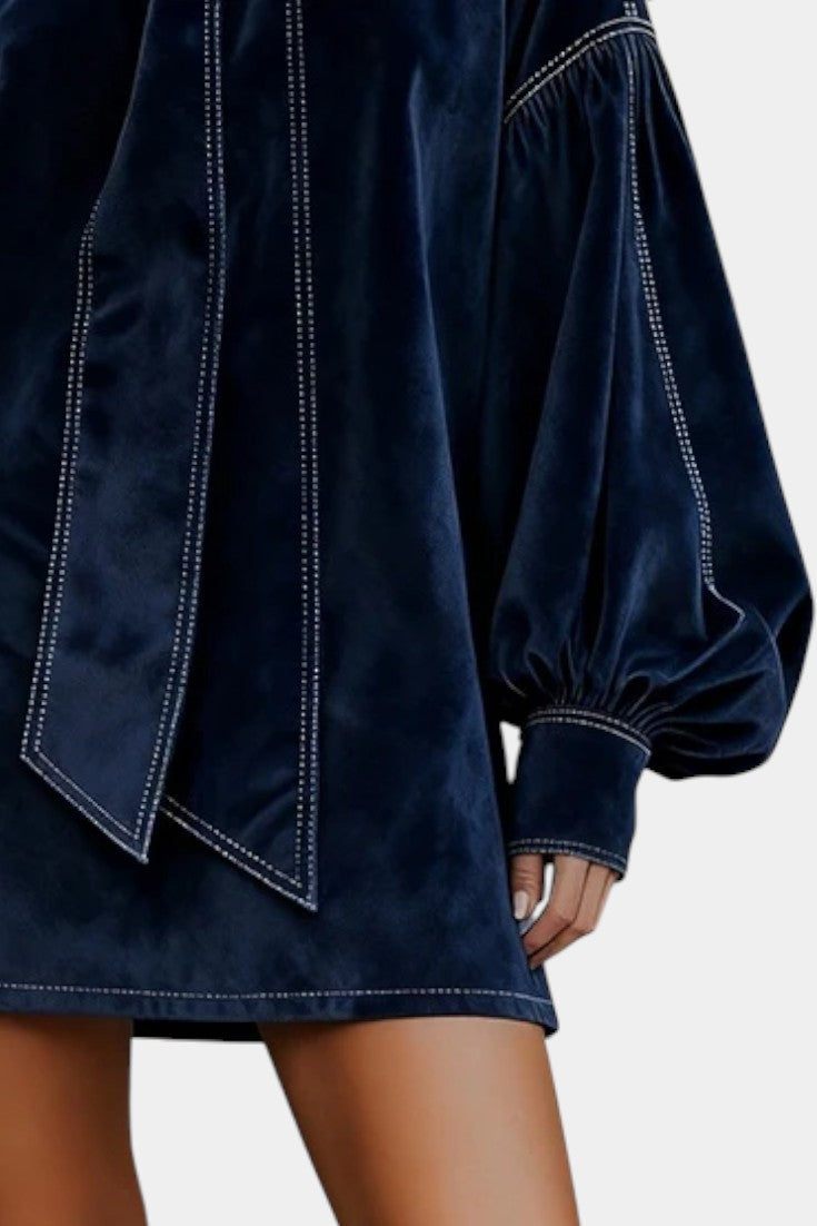 Toamela Dark Blue Mini Velvet Dress with Lantern Sleeves