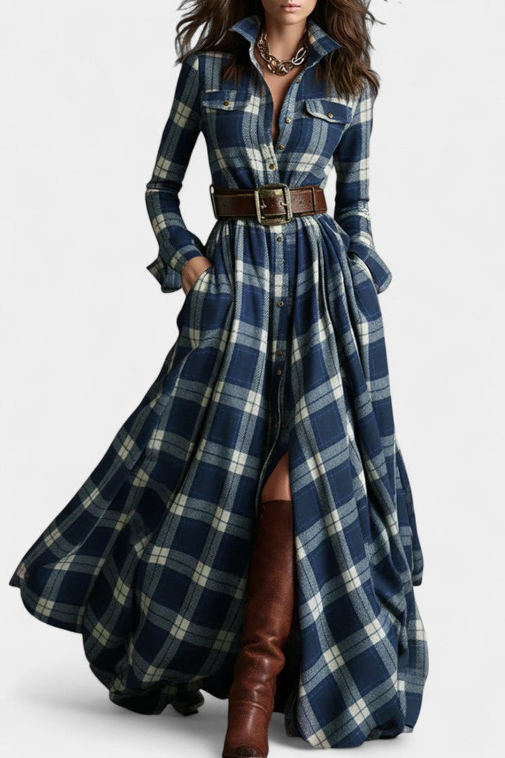 Eustelle Collared Blue Check Maxi Dress