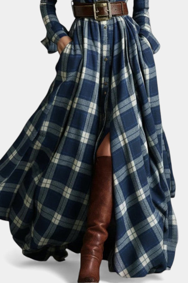 Eustelle Collared Blue Check Maxi Dress