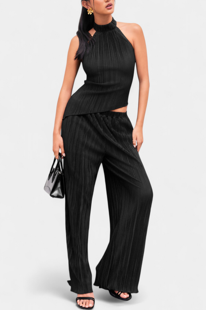 Pilarica Halter Neck Asymmetrical Top with Wide-Leg Pants Set