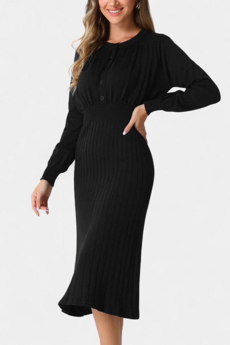 Arsina Ribbed Midi Dress with Lantern Sleeves and Round Neckline