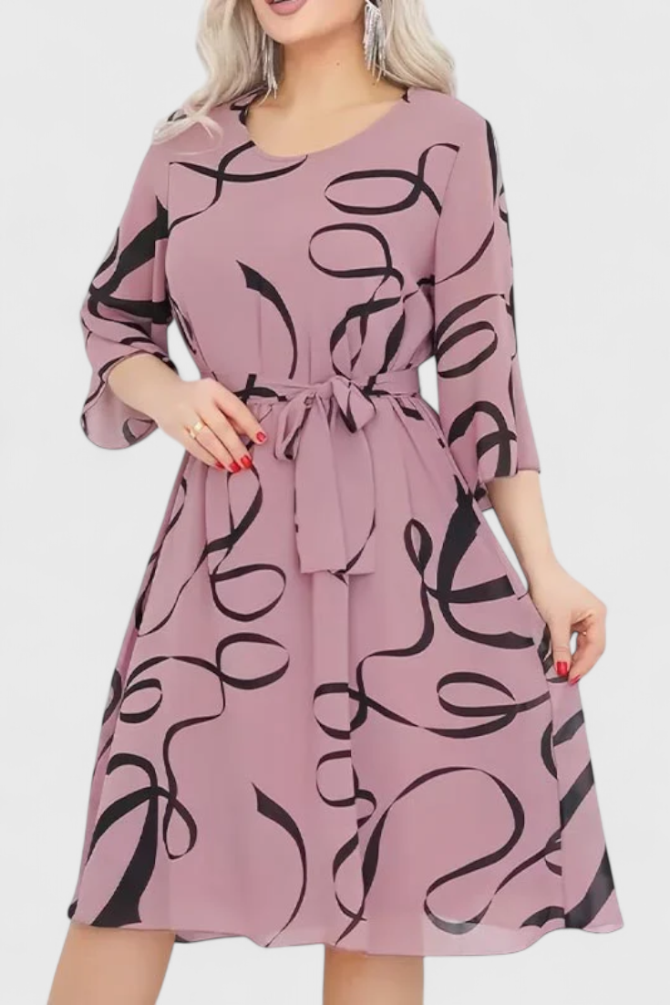 Abstract Print Midi Dress with Adjustable Belt by Ame