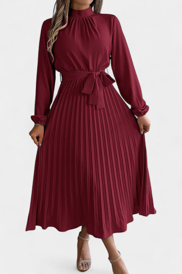 Morgane Pleated Dress featuring a High Ruffled Collar and Tied Waist