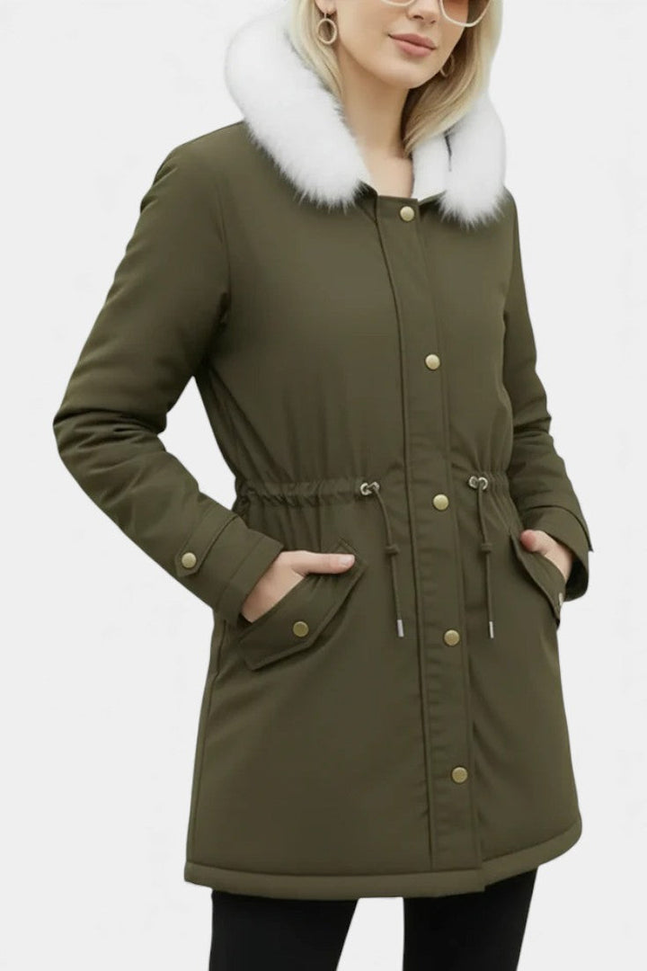 Lanra Belted Hooded Winter Parka with Faux Fur Trim